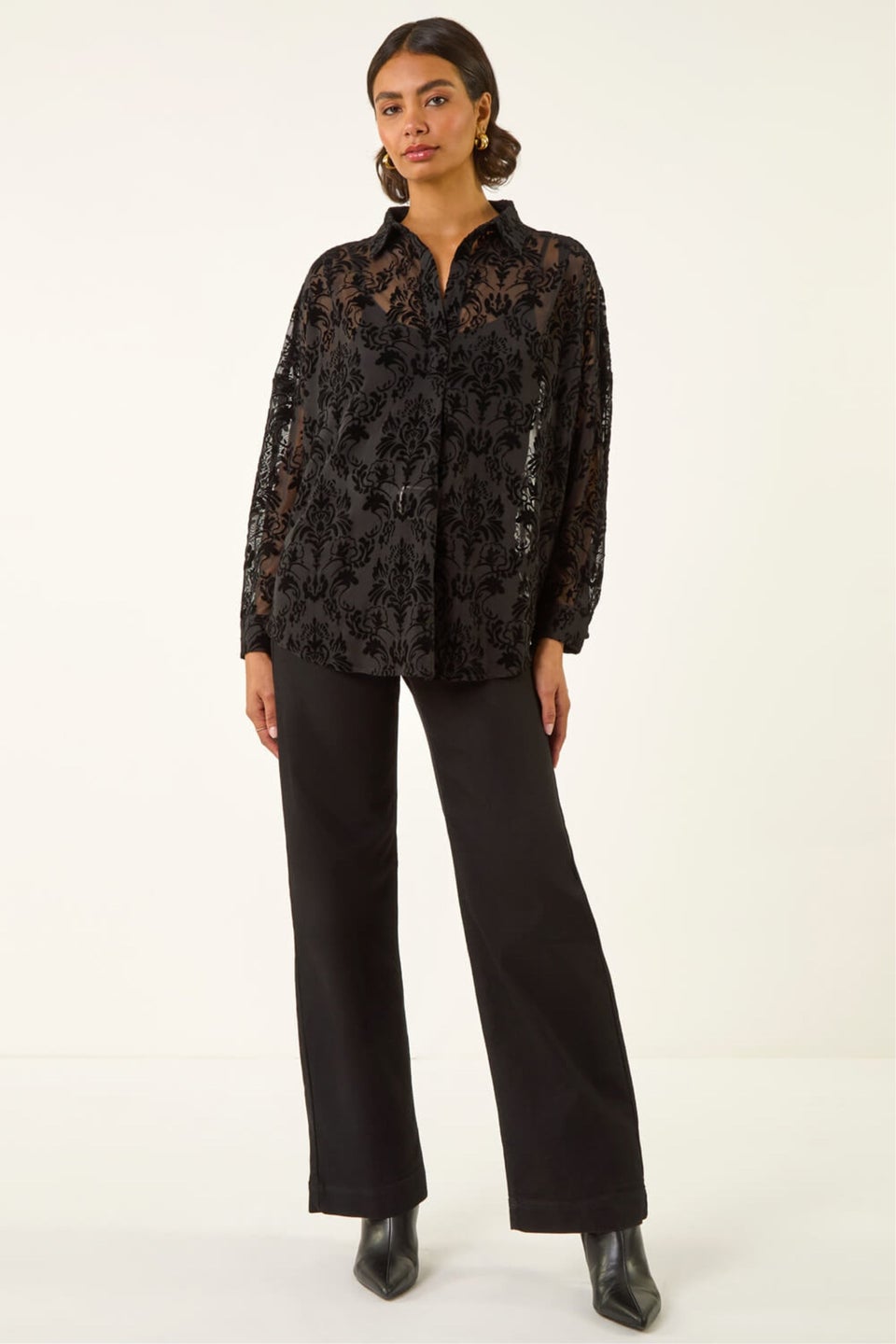 Roman Black Textured Floral V-Neck Top