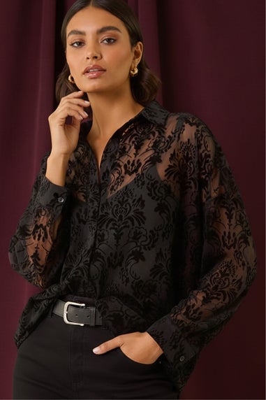 Roman Black Textured Floral V-Neck Top