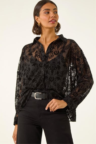 Roman Black Textured Floral V-Neck Top