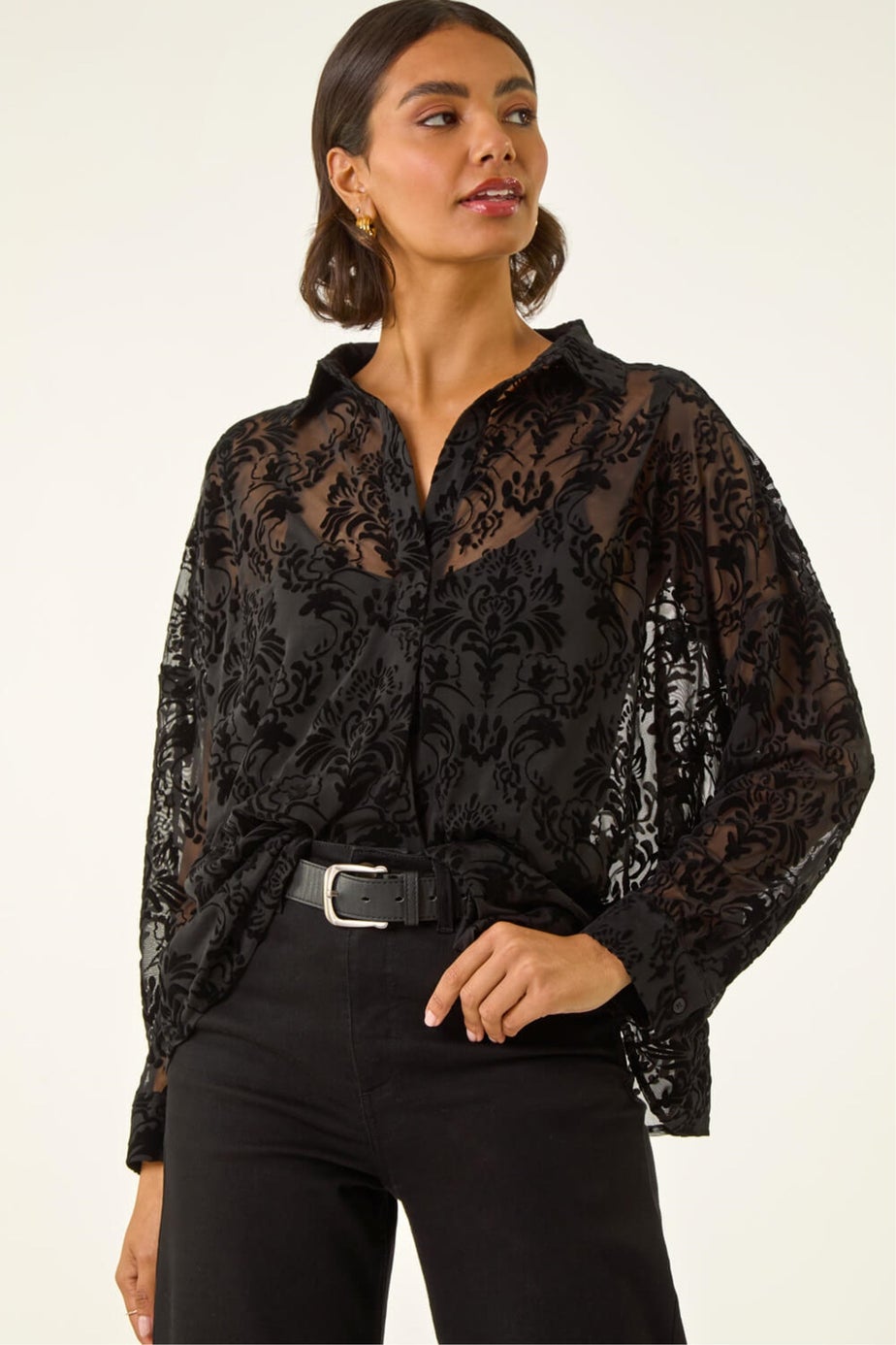 Roman Black Textured Floral V-Neck Top