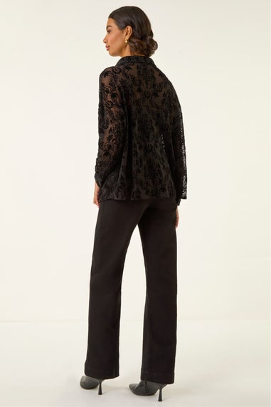 Roman Black Textured Floral V-Neck Top