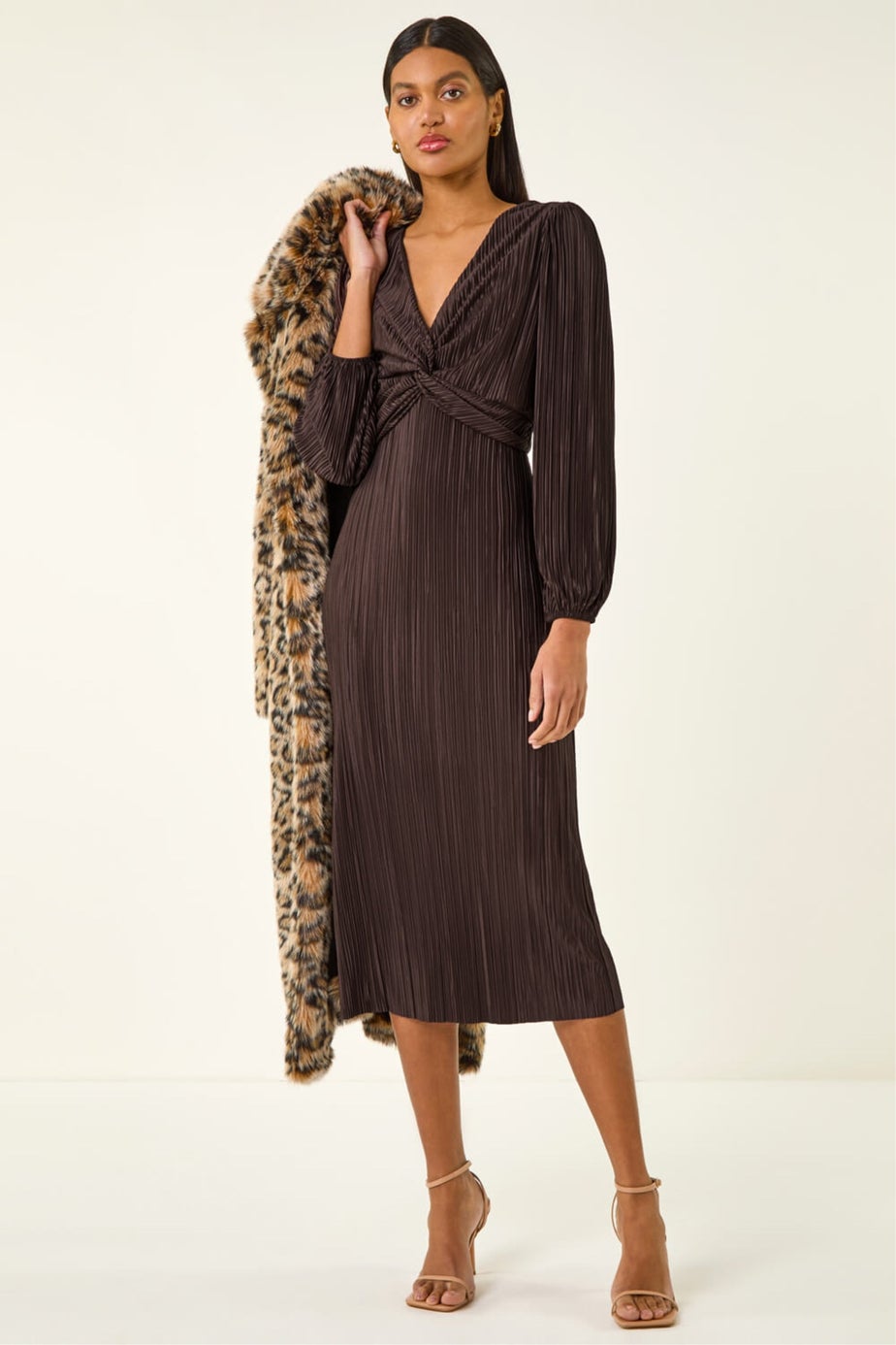 Roman Chocolate Plisse Twist Front Midi Dress