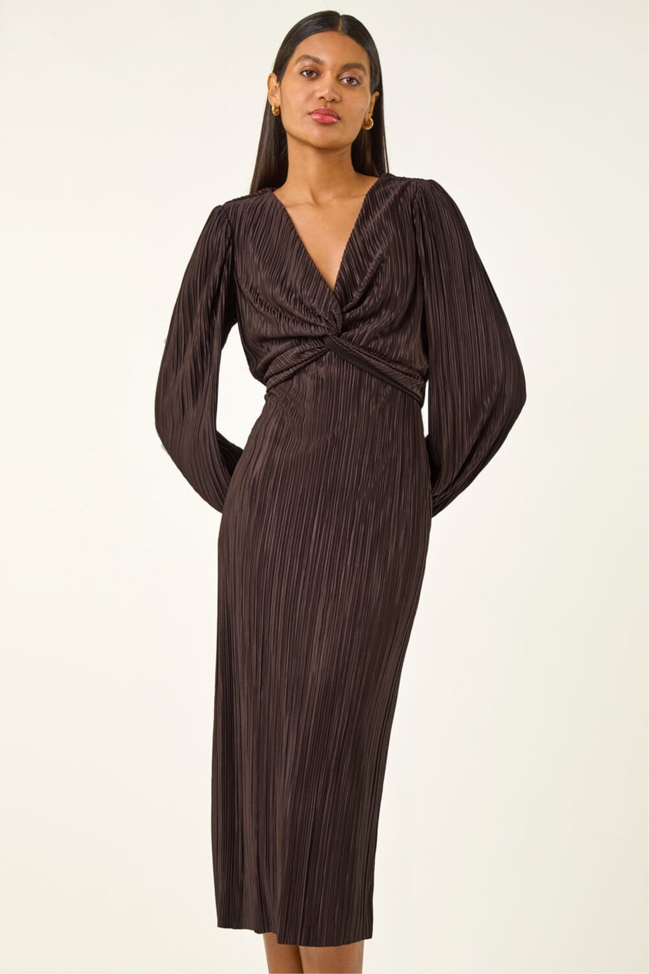 Roman Chocolate Plisse Twist Front Midi Dress