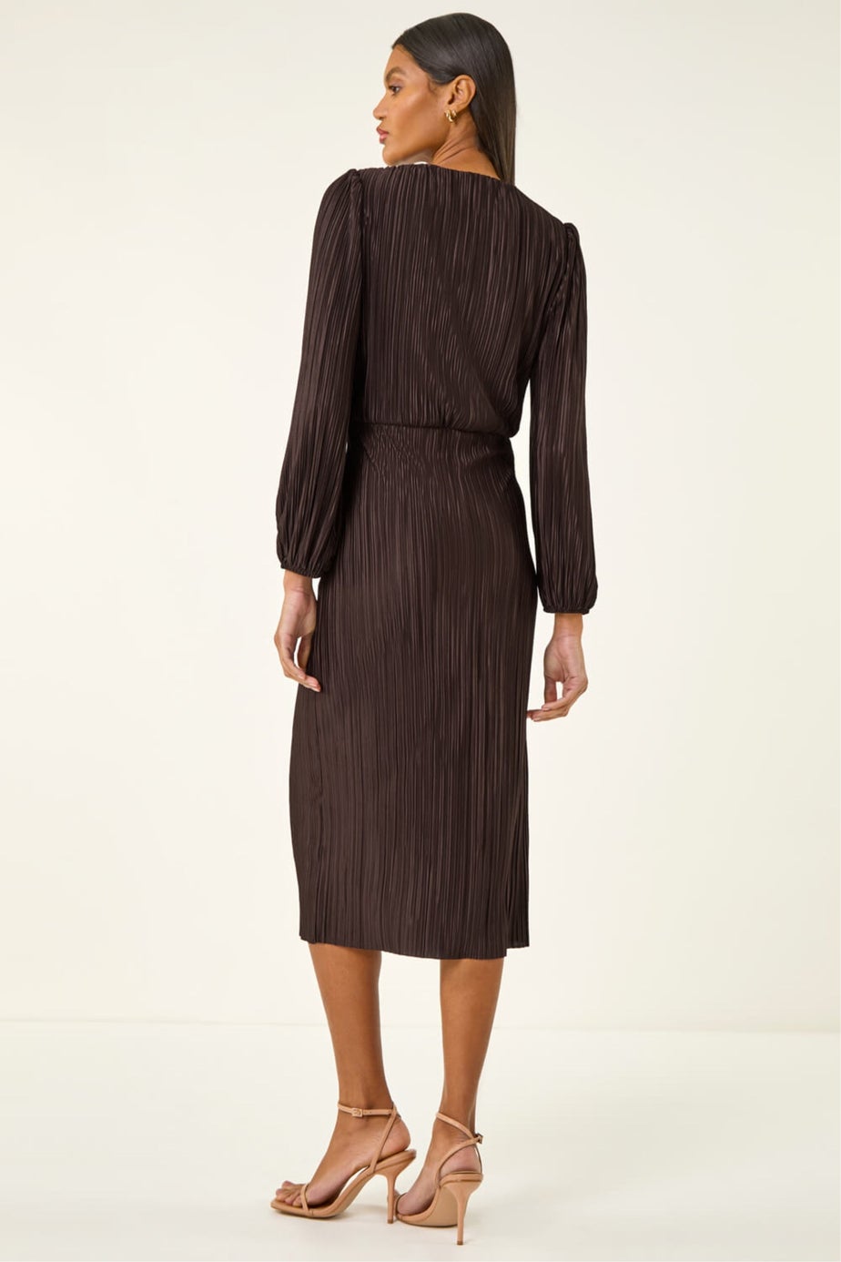 Roman Chocolate Plisse Twist Front Midi Dress