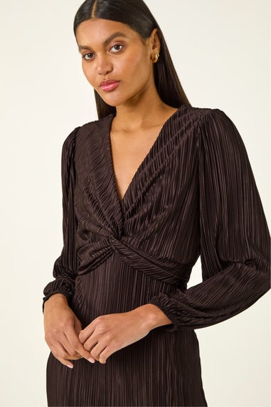 Roman Chocolate Plisse Twist Front Midi Dress