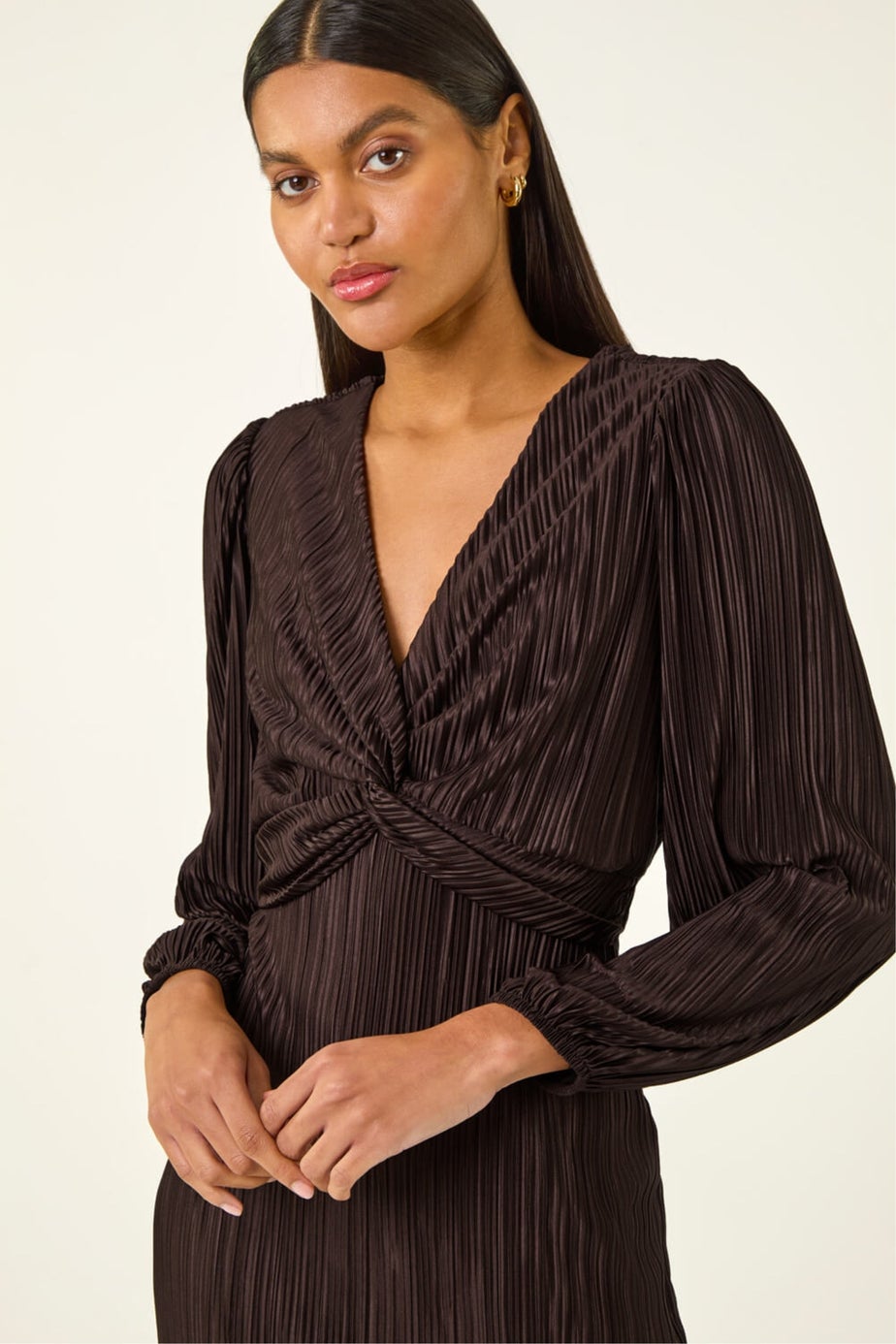 Roman Chocolate Plisse Twist Front Midi Dress