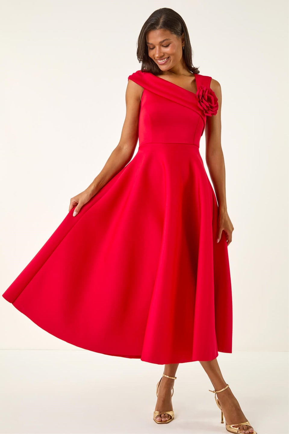 Roman Red Corsage Premium Stretch Midi Dress