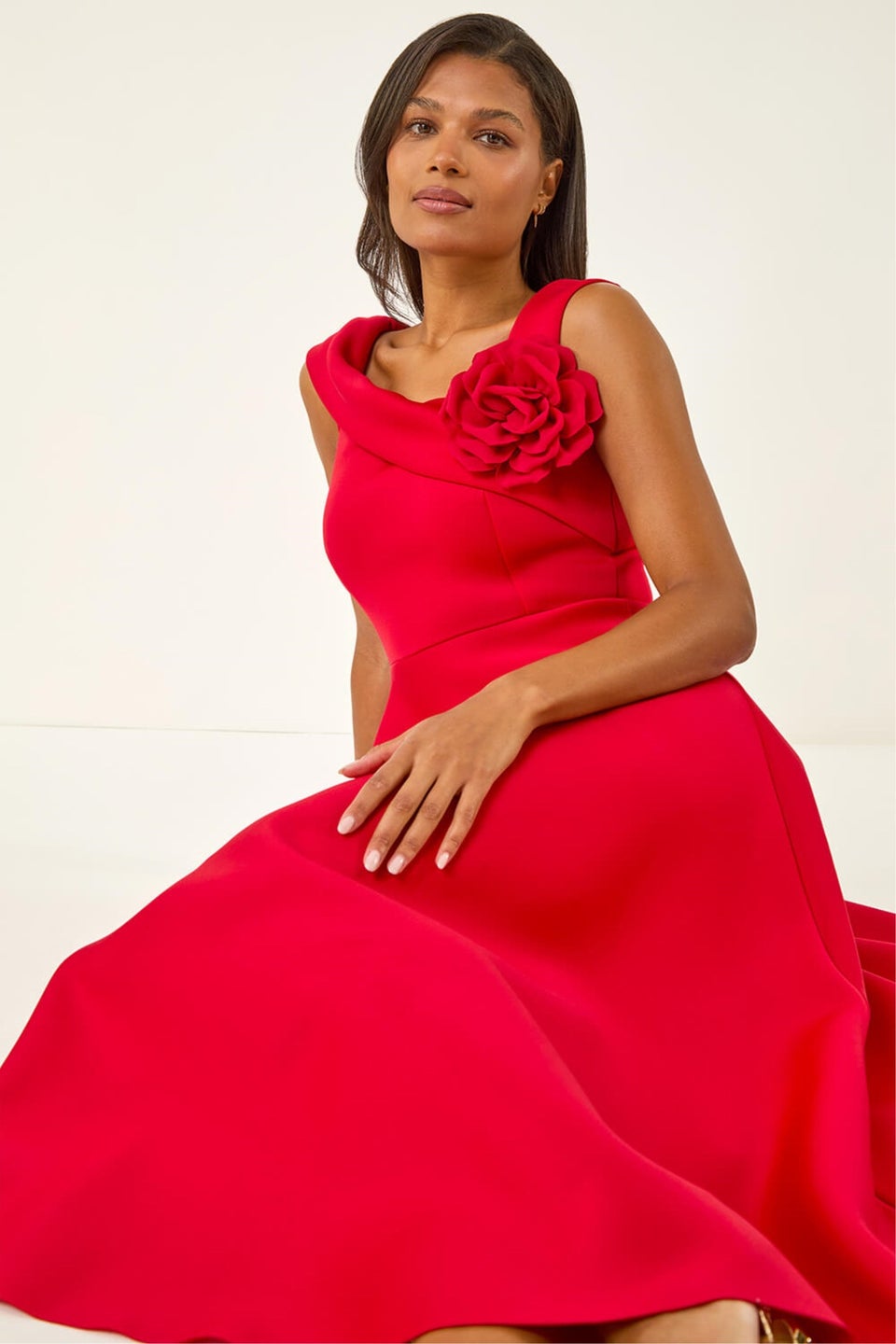 Roman Red Corsage Premium Stretch Midi Dress