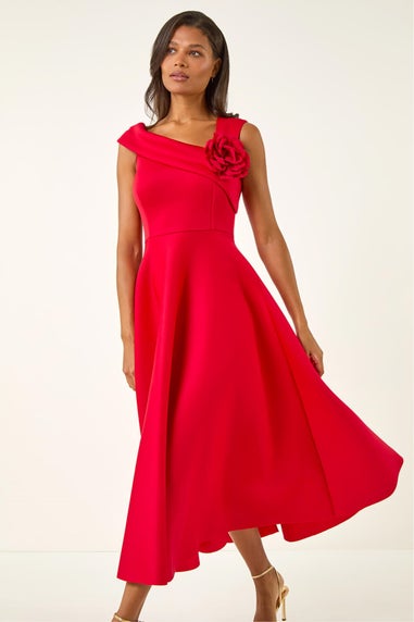 Roman Red Corsage Premium Stretch Midi Dress
