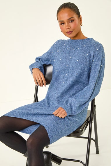 Roman Blue Petite Embellished Faux Pearl Knit Dress