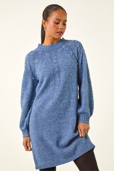 Roman Blue Petite Embellished Faux Pearl Knit Dress