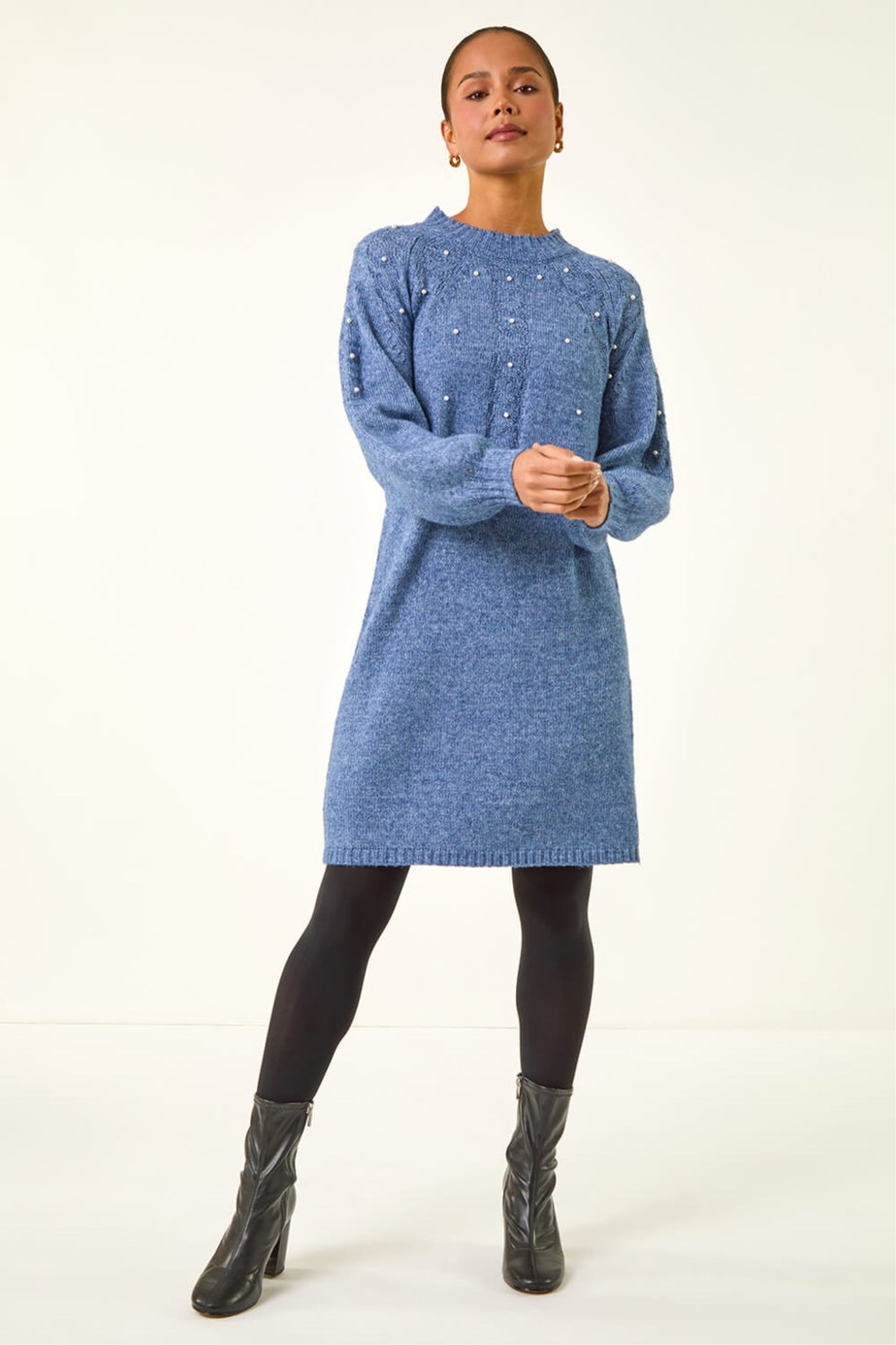 Roman Blue Petite Embellished Faux Pearl Knit Dress