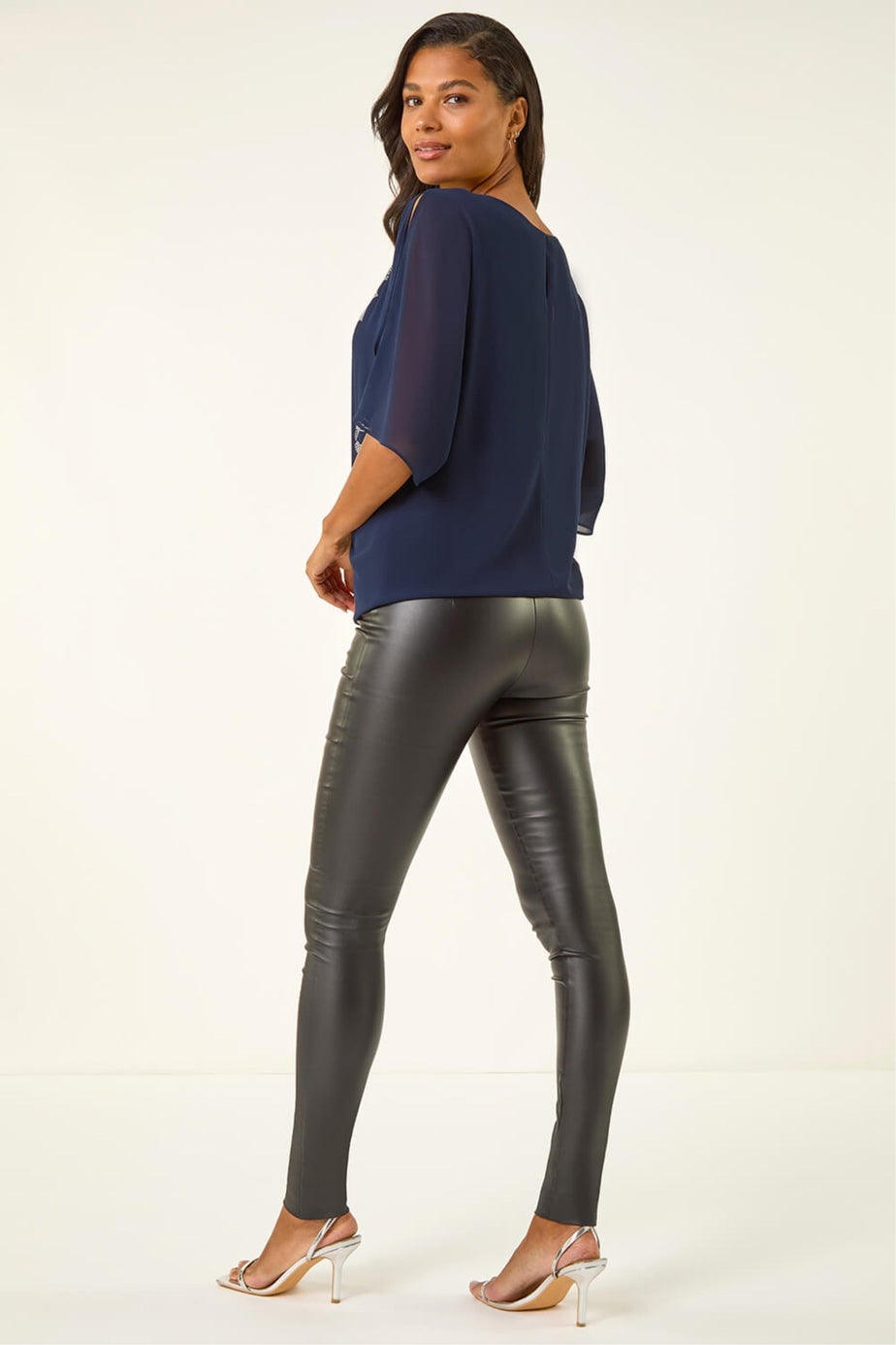 Roman Navy Bow Embellished Cold Shoulder Top