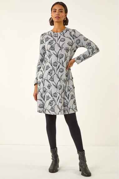 Roman Grey Floral Print Side Button Stretch Dress