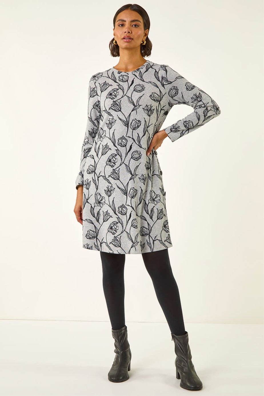 Roman Grey Floral Print Side Button Stretch Dress