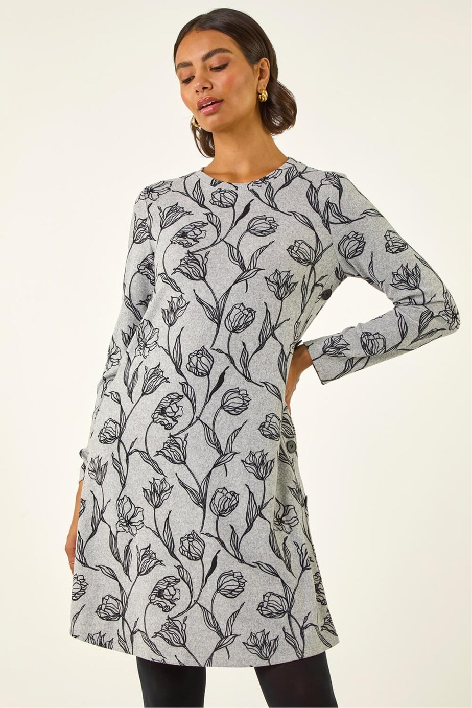 Roman Grey Floral Print Side Button Stretch Dress