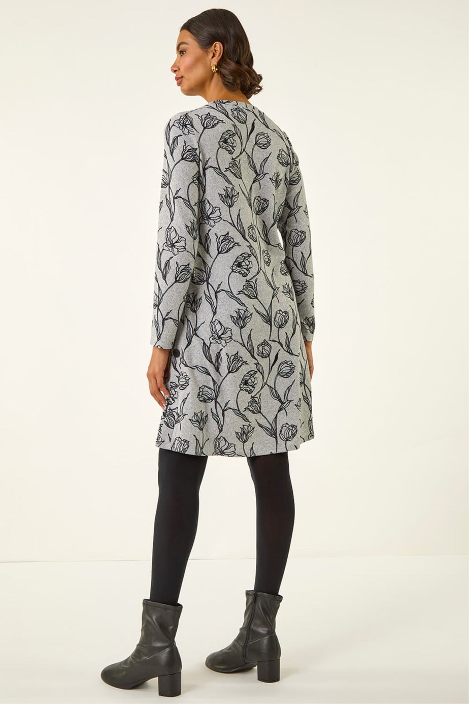 Roman Grey Floral Print Side Button Stretch Dress
