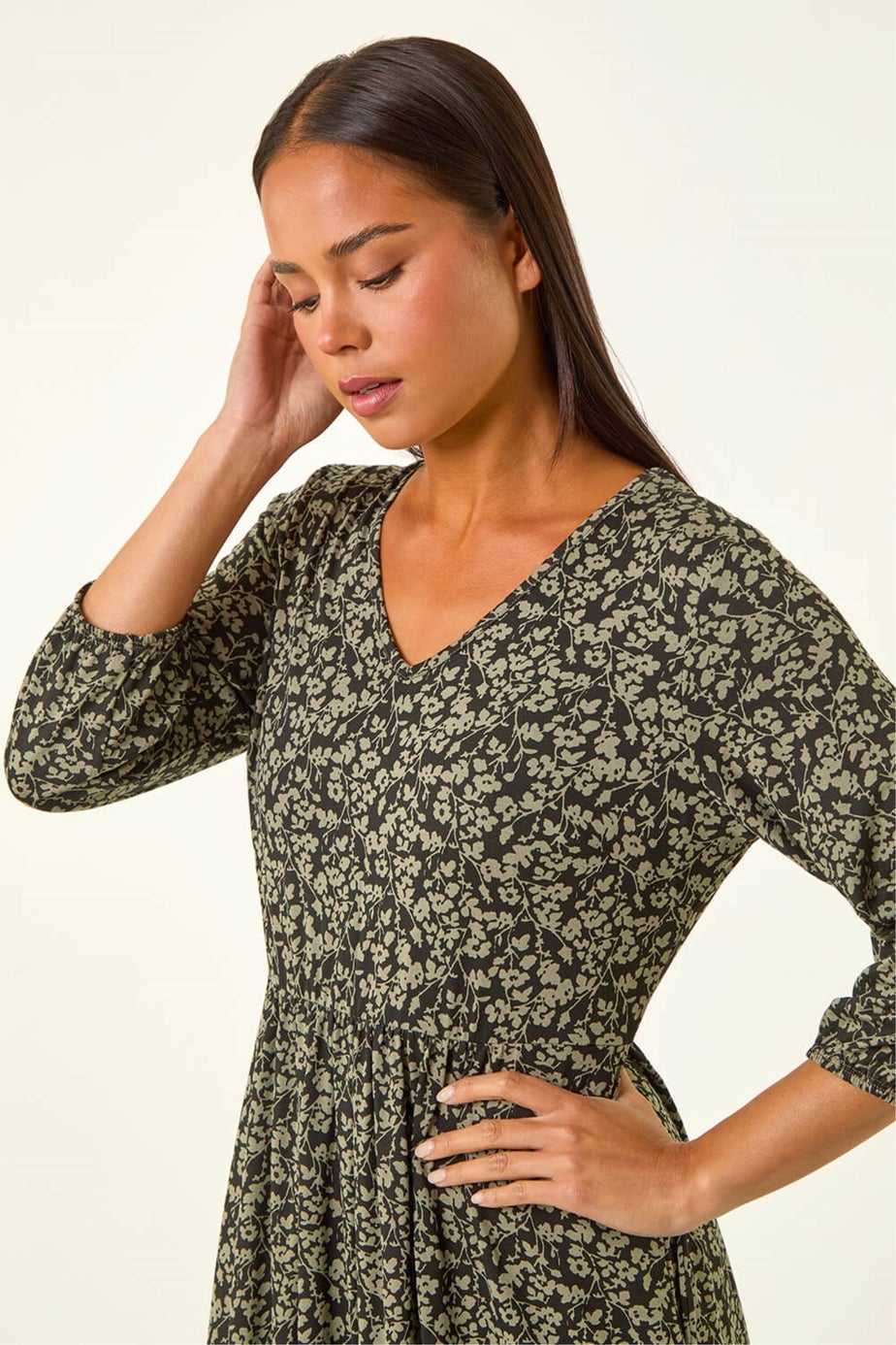 Roman Khaki Petite Floral Midi Dress