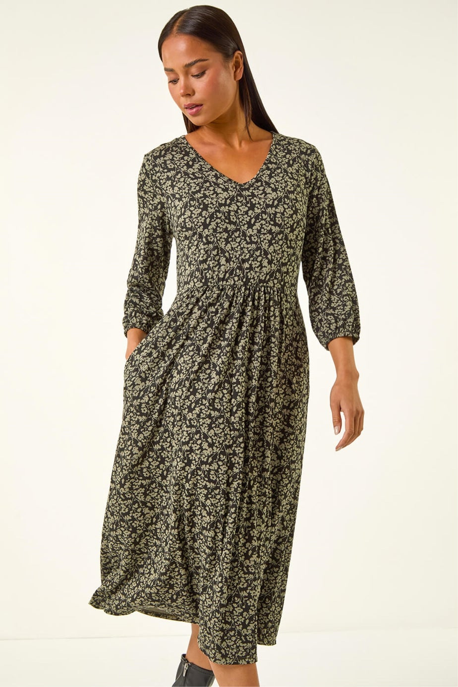 Roman Khaki Petite Floral Midi Dress
