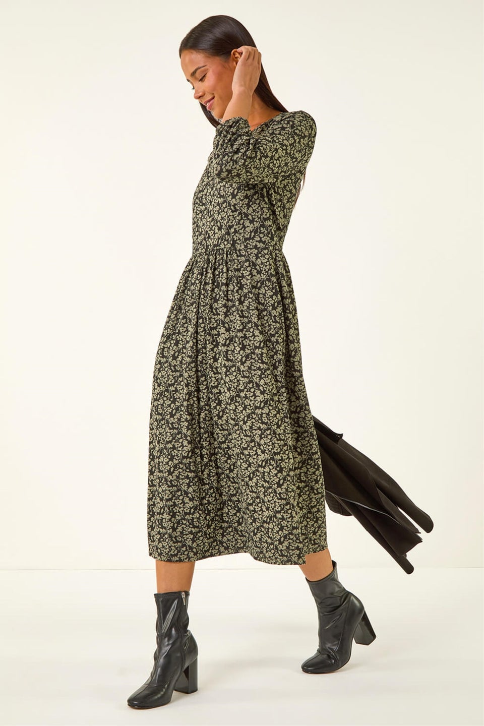 Roman Khaki Petite Floral Midi Dress