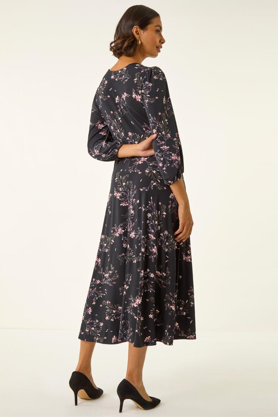 Roman Pink Floral Print Stretch Midi Dress