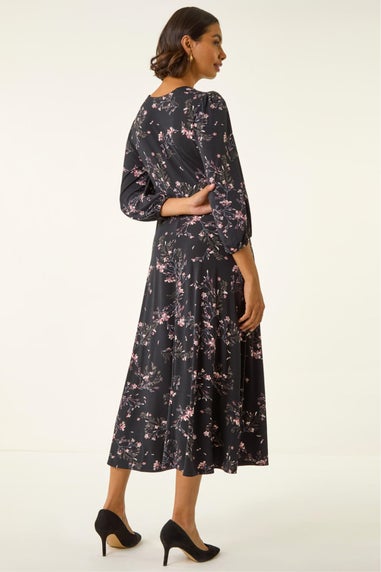 Roman Pink Floral Print Stretch Midi Dress