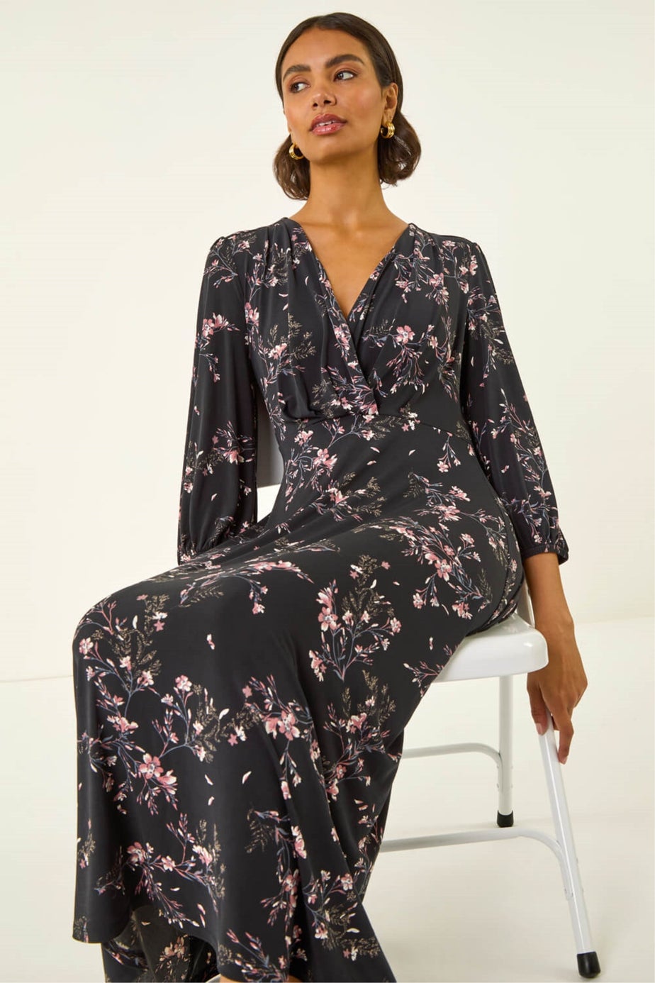 Roman Pink Floral Print Stretch Midi Dress