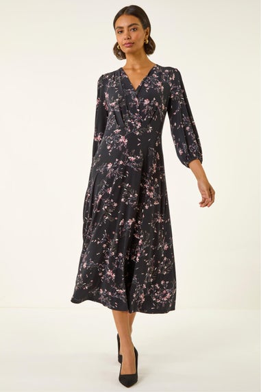 Roman Pink Floral Print Stretch Midi Dress