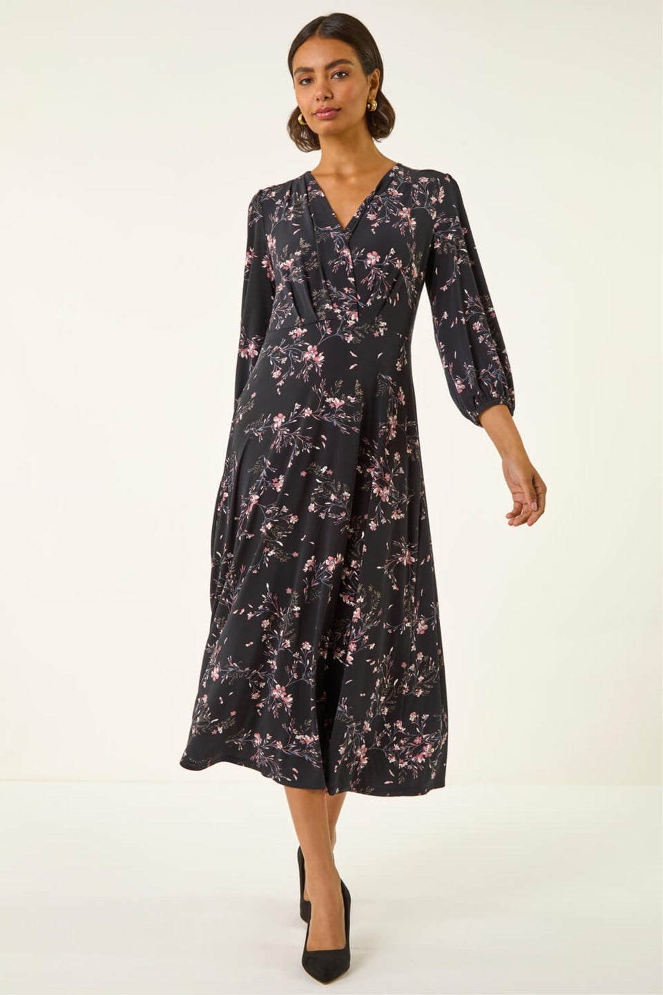 Roman Pink Floral Print Stretch Midi Dress