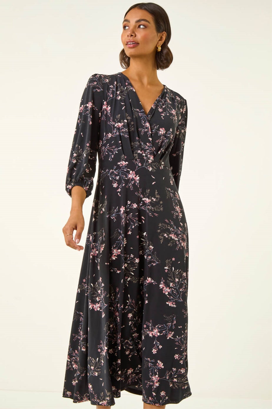 Roman Pink Floral Print Stretch Midi Dress