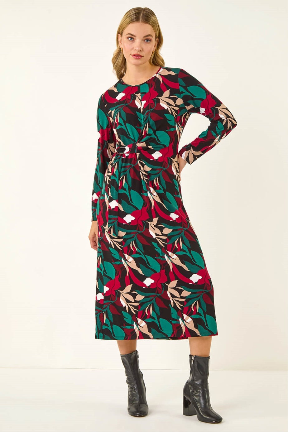 Dusk Red Floral Print Stretch Midi Dress