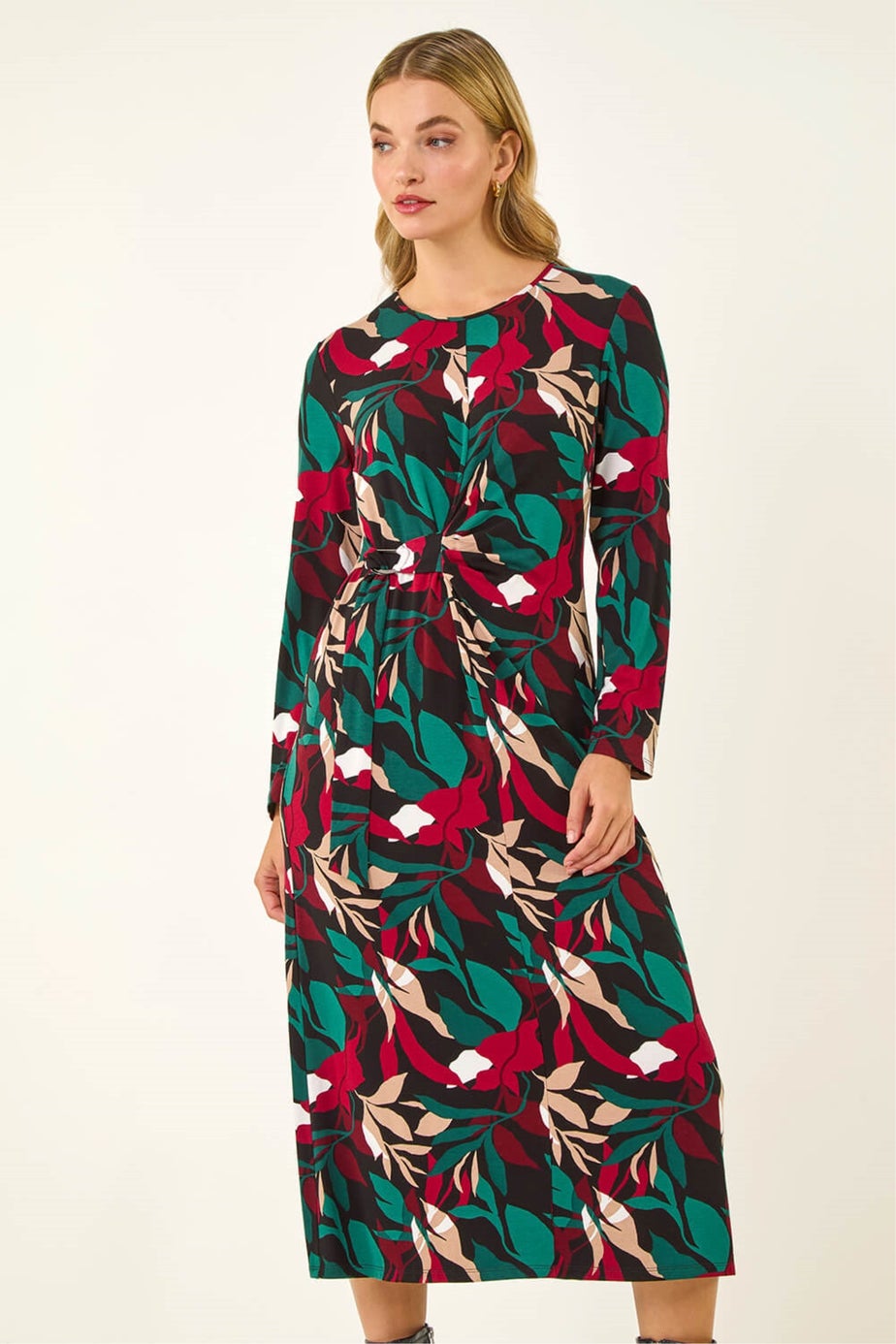 Dusk Red Floral Print Stretch Midi Dress