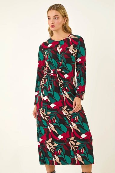 Dusk Red Floral Print Stretch Midi Dress