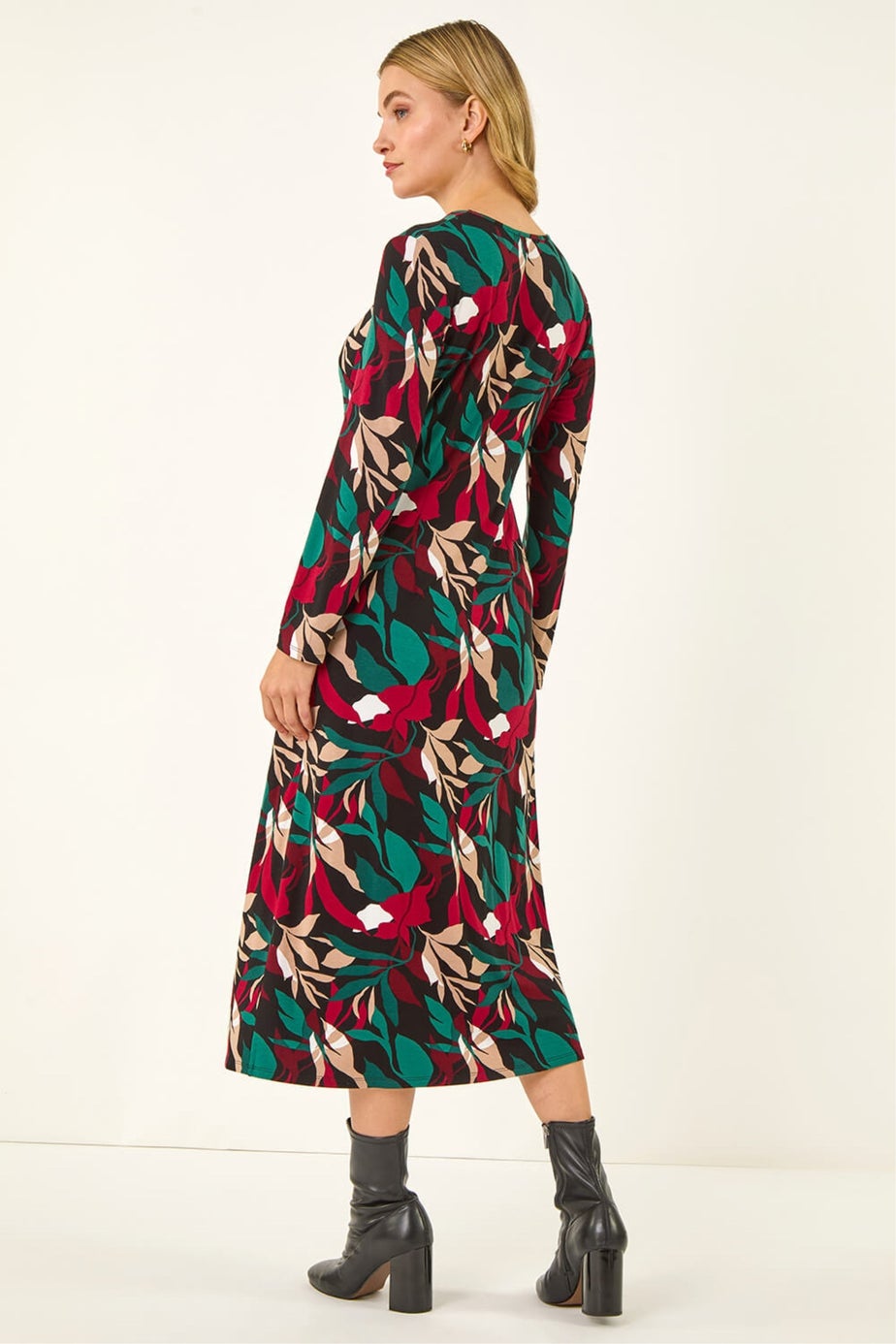 Dusk Red Floral Print Stretch Midi Dress