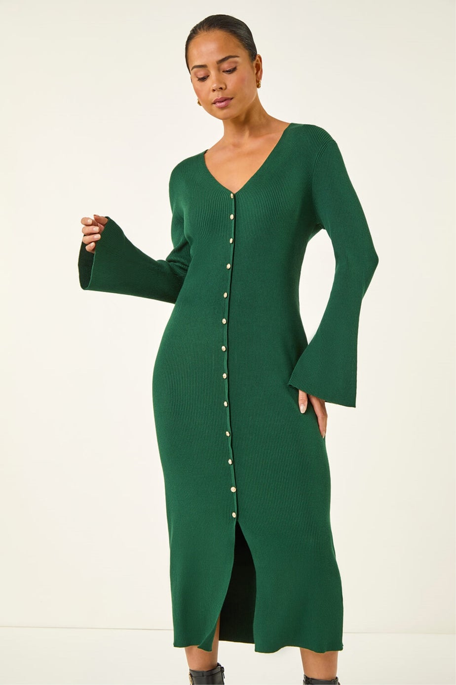 Roman Forest Petite Knitted Button Detail Midi Dress