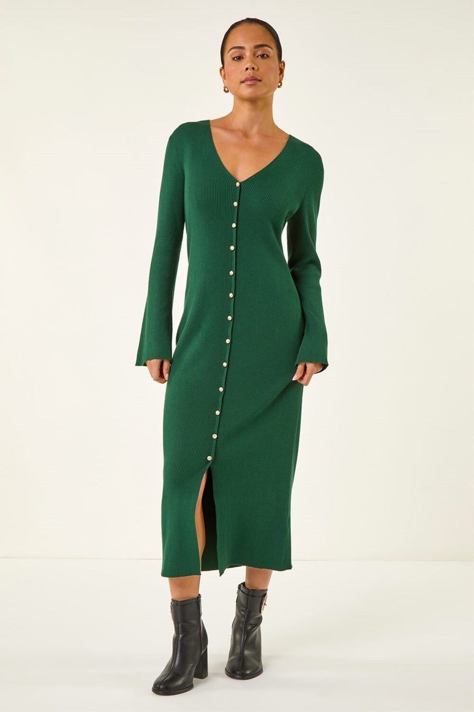 Roman Forest Petite Knitted Button Detail Midi Dress