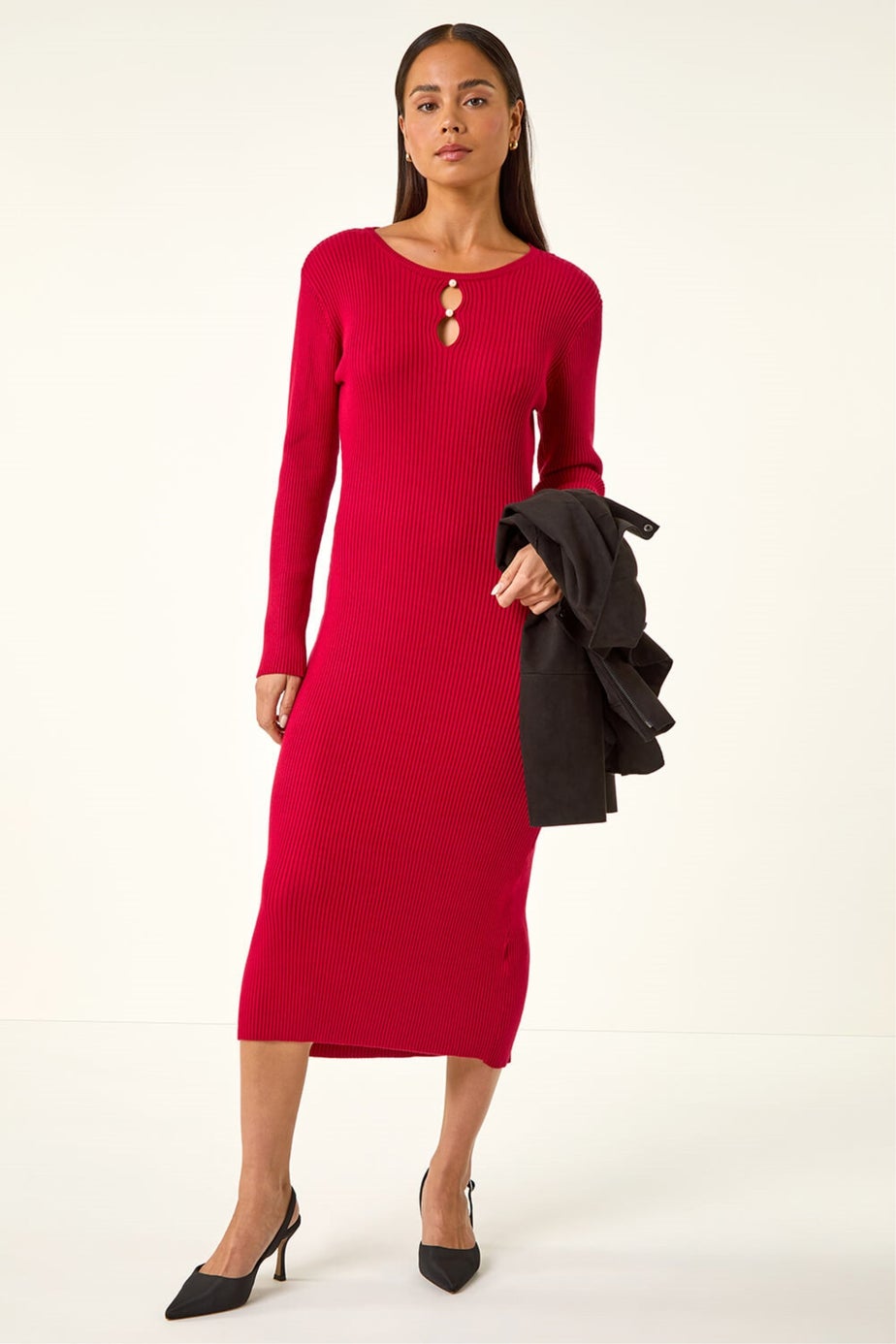 Roman Red Petite Faux Pearl Knitted Midi Dress