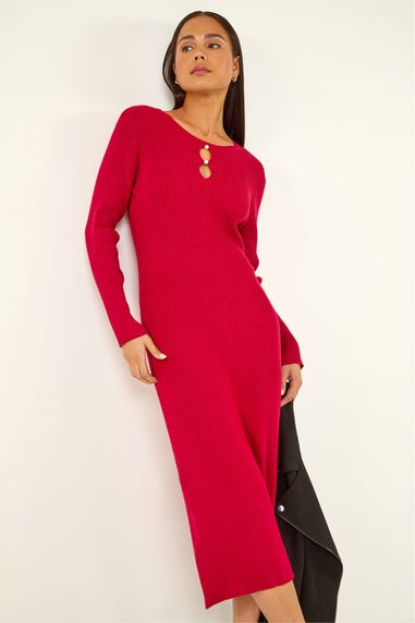Roman Red Petite Faux Pearl Knitted Midi Dress