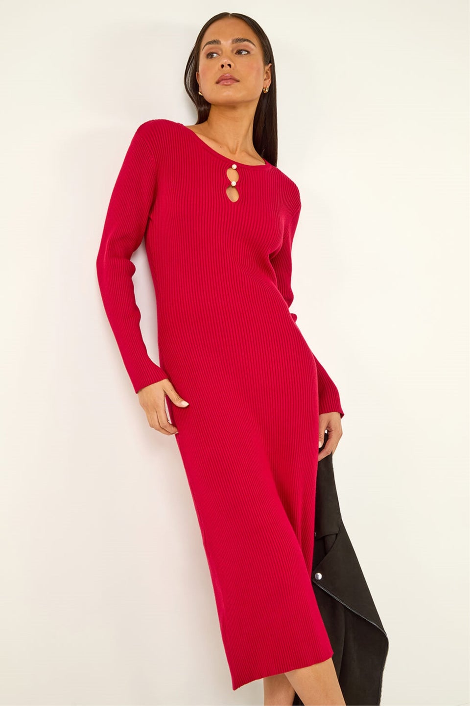 Roman Red Petite Faux Pearl Knitted Midi Dress