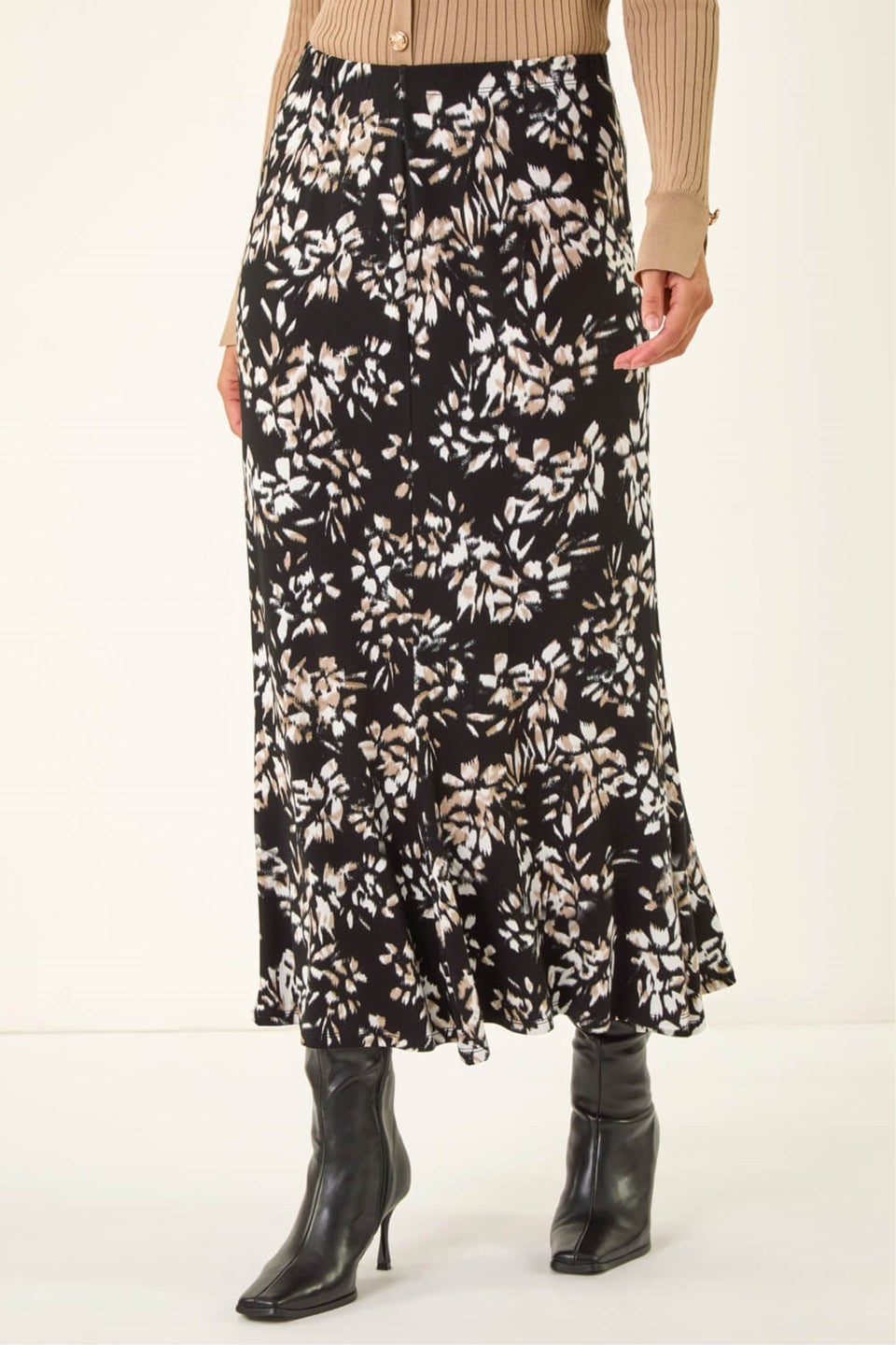 Dusk Black Floral Fluted Midi Skirt