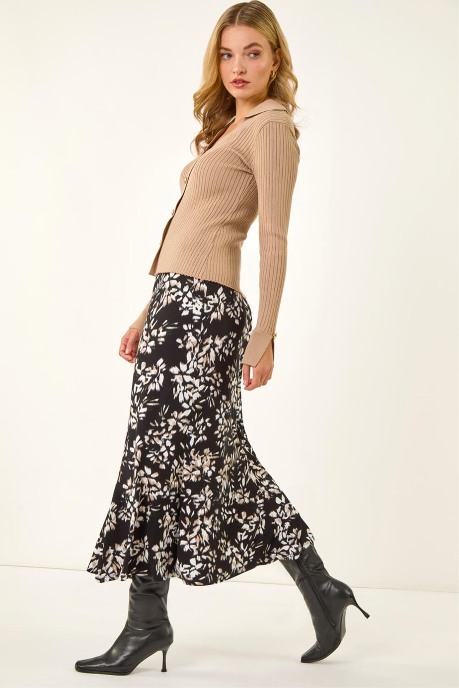 Dusk Black Floral Fluted Midi Skirt