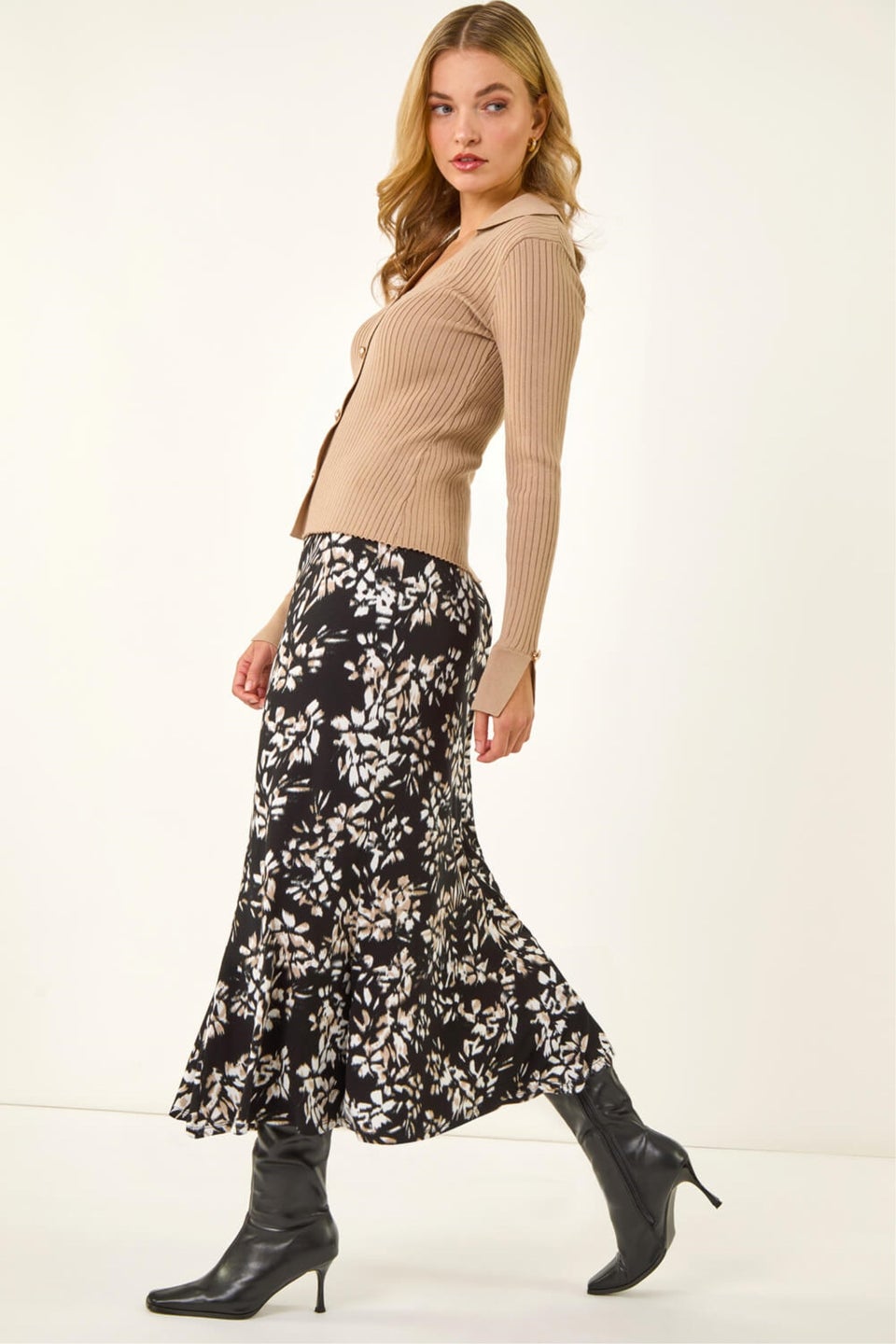 Dusk Black Floral Fluted Midi Skirt