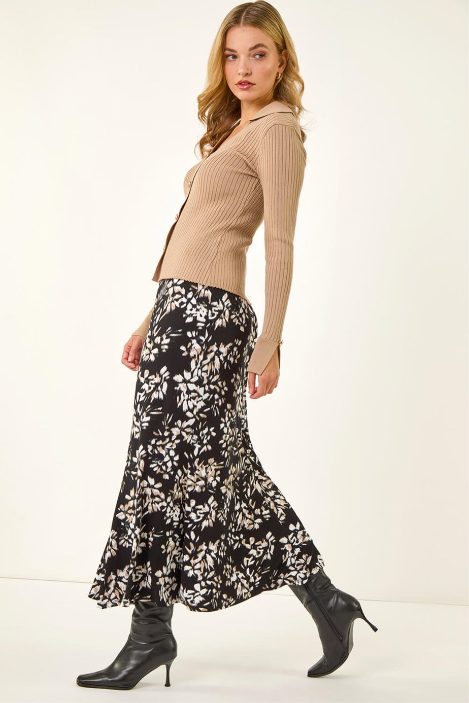 Dusk Black Floral Fluted Midi Skirt
