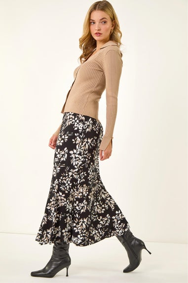 Dusk Black Floral Fluted Midi Skirt