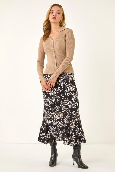 Dusk Black Floral Fluted Midi Skirt