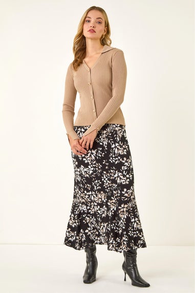 Dusk Black Floral Fluted Midi Skirt