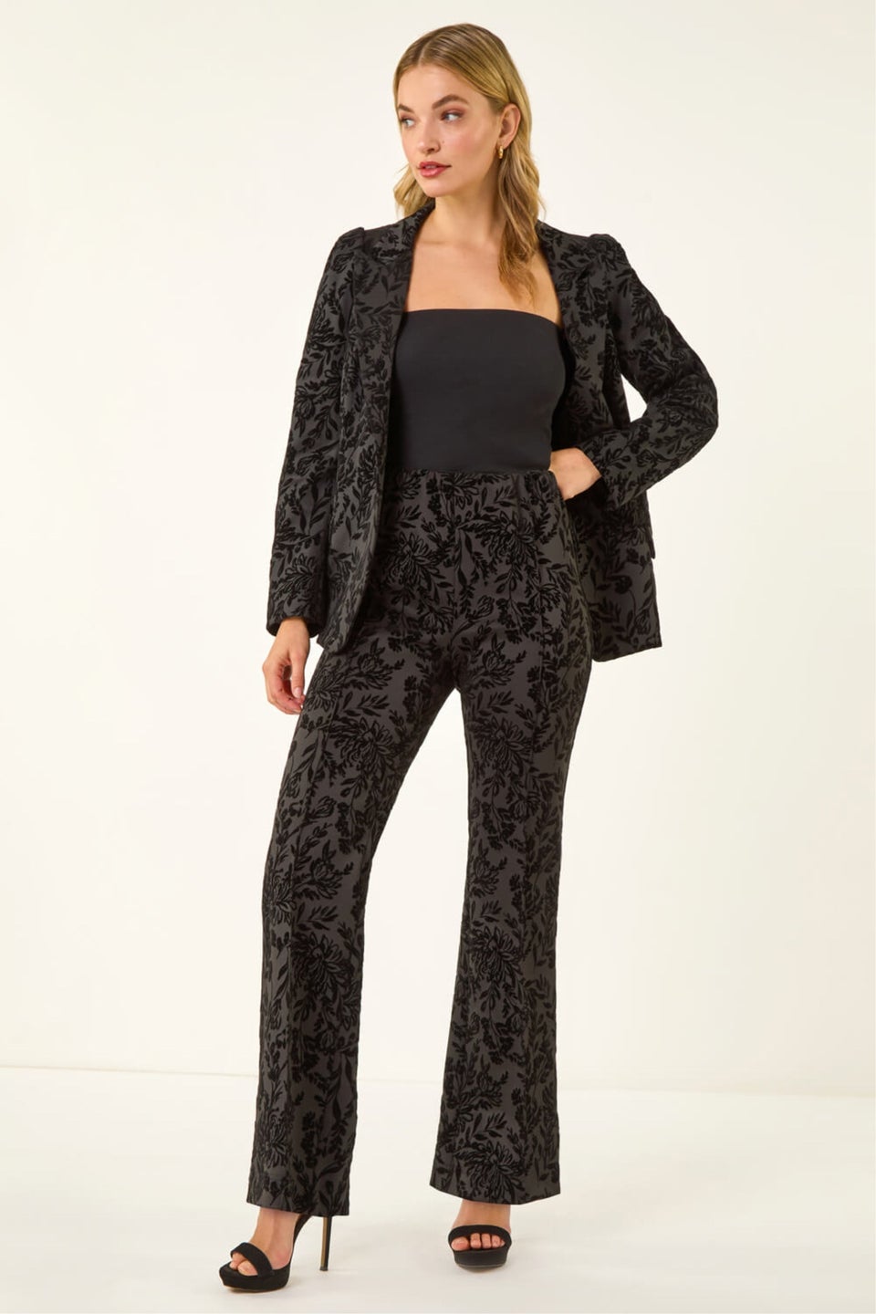 Dusk Black Floral Flocked Premium Stretch Trousers