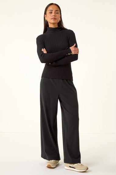 Roman Black Petite Brushed Ribbed Trouser