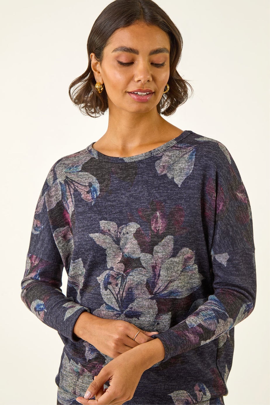 Roman Purple Floral Printed Bubble Hem Top