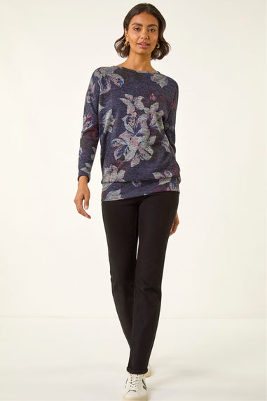 Roman Purple Floral Printed Bubble Hem Top